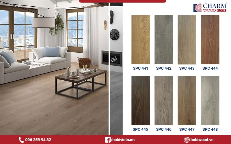 Bảng màu của sàn nhựa hèm khóa đế cao su Charmwood 4 ly