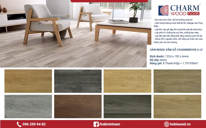 Bảng màu của sàn nhựa hèm khóa đế cao su Charmwood 6 ly