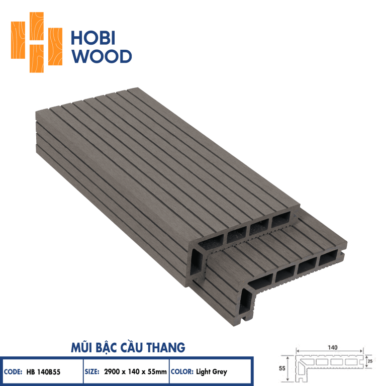 Mũi bậc cầu thang gỗ nhựa HobiWood (Light Grey)