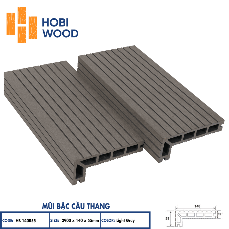 Mũi bậc cầu thang gỗ nhựa HobiWood (Light Grey)