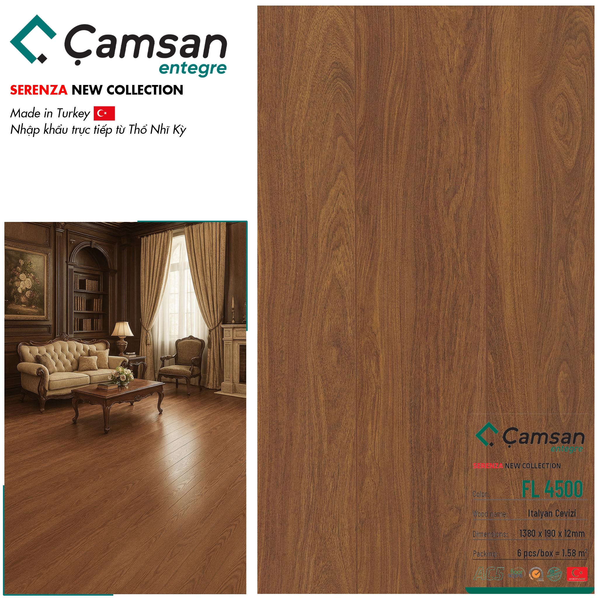 Sàn gỗ Camsan 12mm Serenza Hèm V FL4500