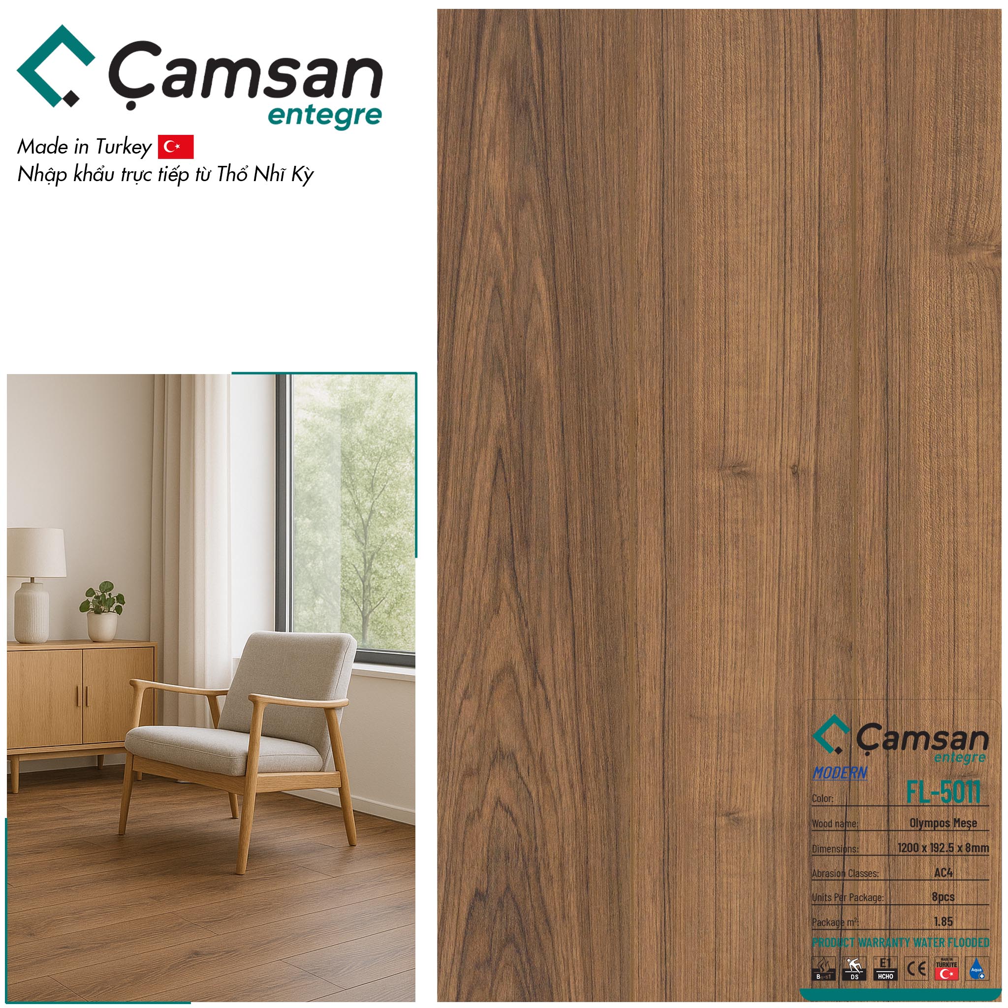 Sàn gỗ Camsan 8mm Hèm V Aqua FL5011