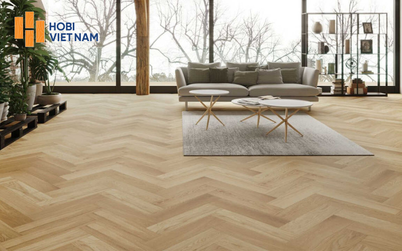 Mẫu sàn gỗ xương cá phối hợp với nội thất tông be xám