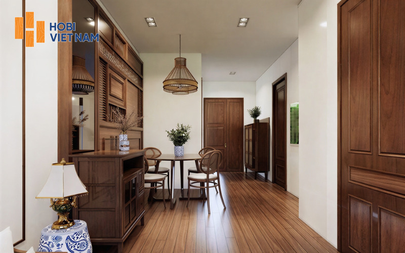 Mẫu sàn gỗ cao cấp kết hợp nội thất gỗ đồng bộ