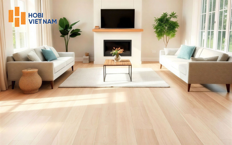 Mẫu sàn gỗ màu be kết hợp nội thất cùng tông