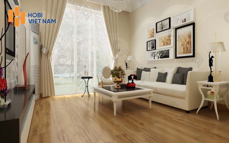 Sàn Kampong màu nâu kết hợp cùng nội thất tone be