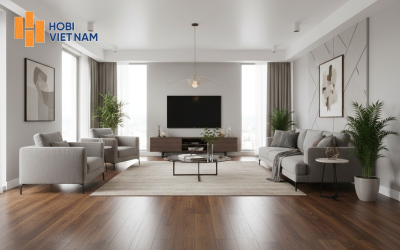Sàn gỗ cốt đen Hobi Black ứng dụng phòng khách