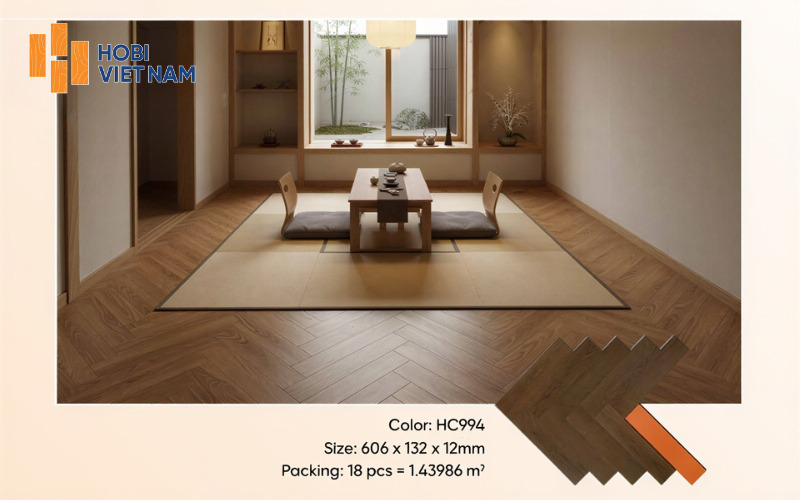 Sàn gỗ Hobi CARB màu HC992 lót xương cá khu vực thưởng trà, ấm cúng và tinh tế