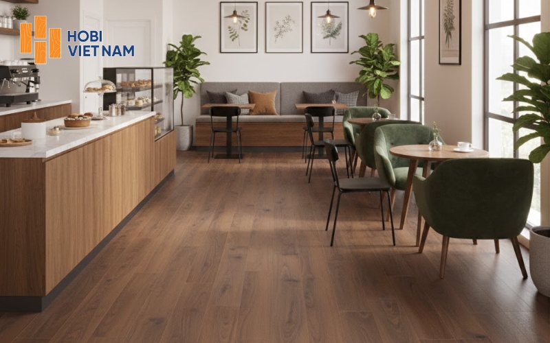 Sàn gỗ Hobi Carb quán cafe chống trầy xước hiệu quả