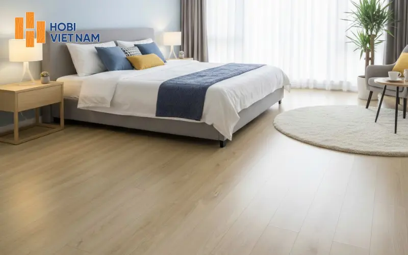 Sàn gỗ Hobi Carb phòng ngủ mang đến không gian ấm cúng, yên tĩn