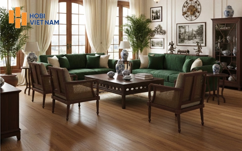 Sàn gỗ Hobi Carb phòng khách theo phong cách cổ điển