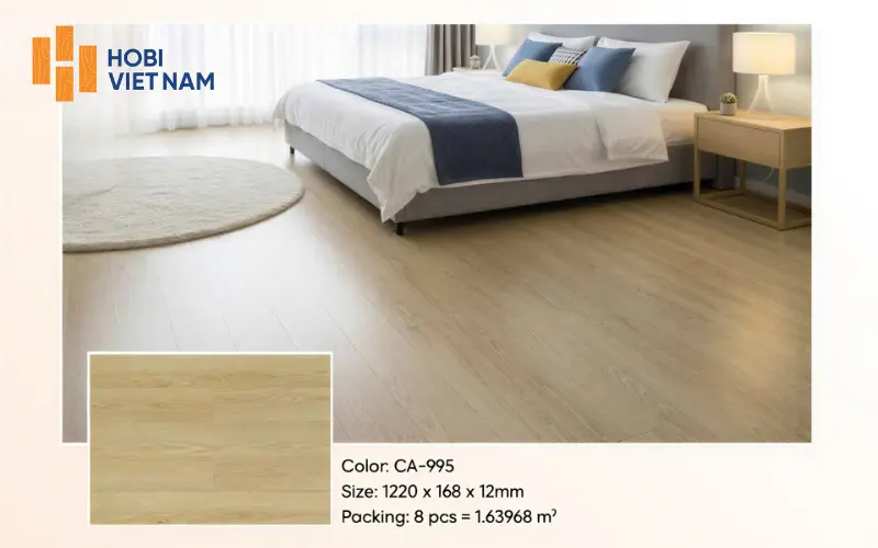 Sàn gỗ Hobi CARB lót thẳng ở phòng ngủ tạo cảm giác ấm áp, thư giãn và dễ chịu