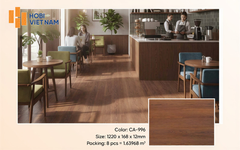 Sàn gỗ Hobi CARB cho quán cafe tạo không gian hiện đại và thu hút