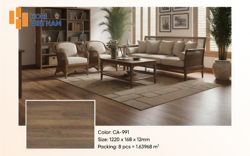 Sàn gỗ Hobi CARB lót thẳng phòng khách và khu đọc sách, rộng thoáng và sang trọng