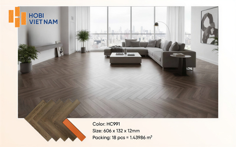Sàn gỗ công nghiệp Hobi Carb lót xương cá phòng khách rộng, sang trọng và nổi bật