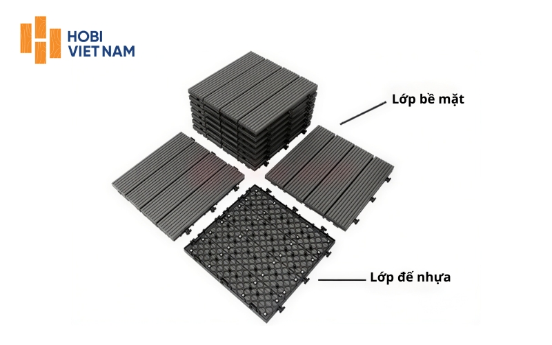 Vỉ gỗ nhựa ngoài trời có cấu tạo tách biệt giữa phần bề mặt và phần đế nhựa