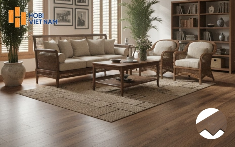 Không gian phòng khách hiện đại sử dụng sàn gỗ Hobi Carb