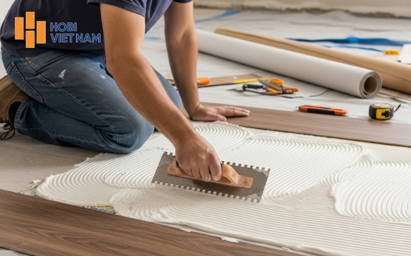 Thi công sàn gỗ tự nhiên nguyên khối cần dùng keo dán sàn gỗ