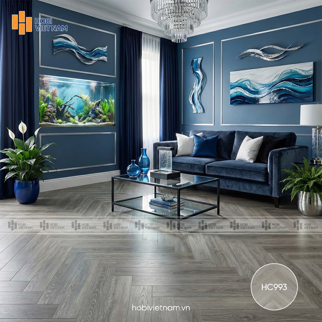 Sàn xương cá Hobi Carb HC993 tông sáng sang trọng hợp mệnh Kim và mệnh Thủy phòng khách