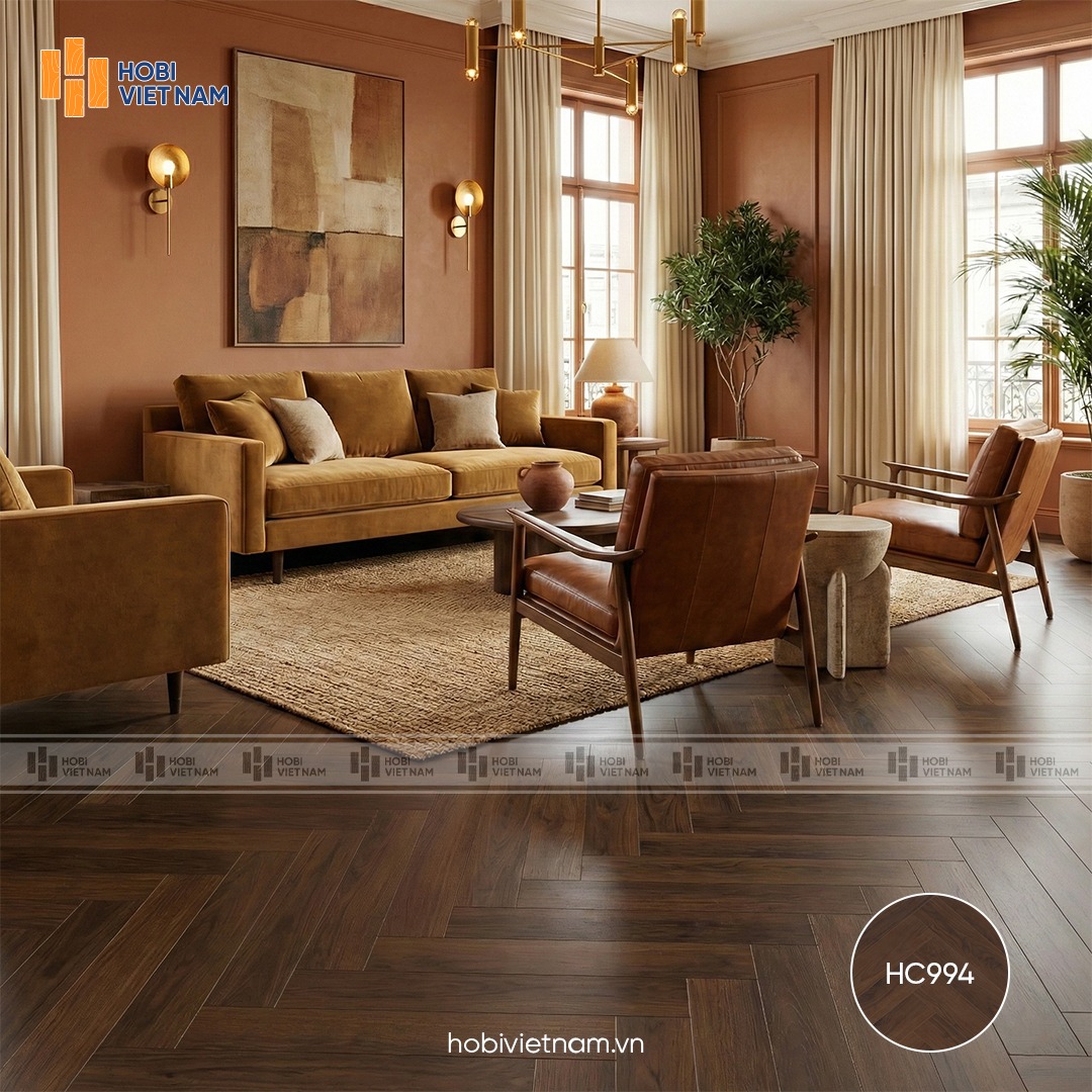 Sàn gỗ xương cá Hobi Carb HC994 nâu trầm vững chãi dành cho gia chủ mệnh Thổ