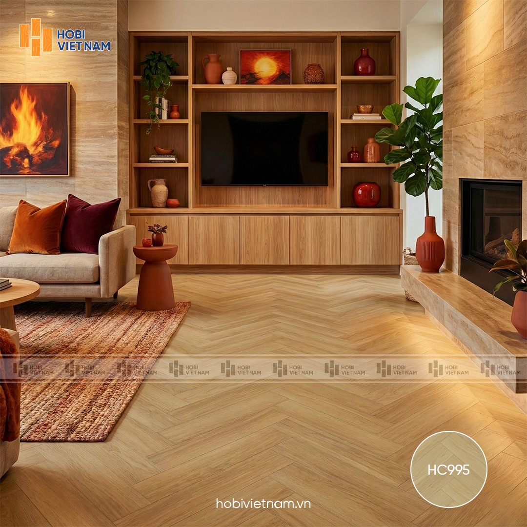 Sàn gỗ xương cá Hobi Carb HC995 màu ấm hiện đại phù hợp mệnh Kim và mệnh Hỏa