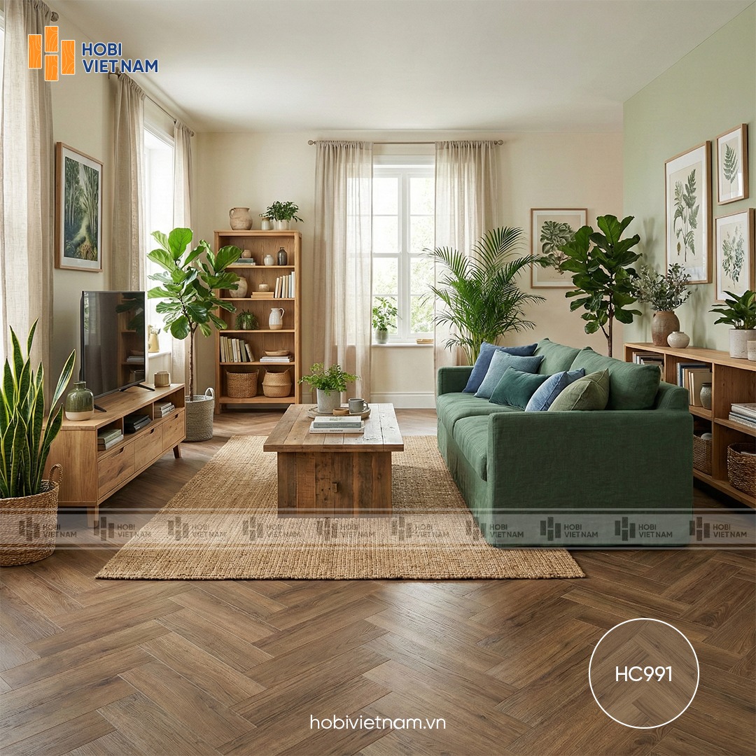 Sàn xương cá Hobi Carb HC991 tông gỗ tự nhiên hài hòa dành cho mệnh Mộc và mệnh Thổ