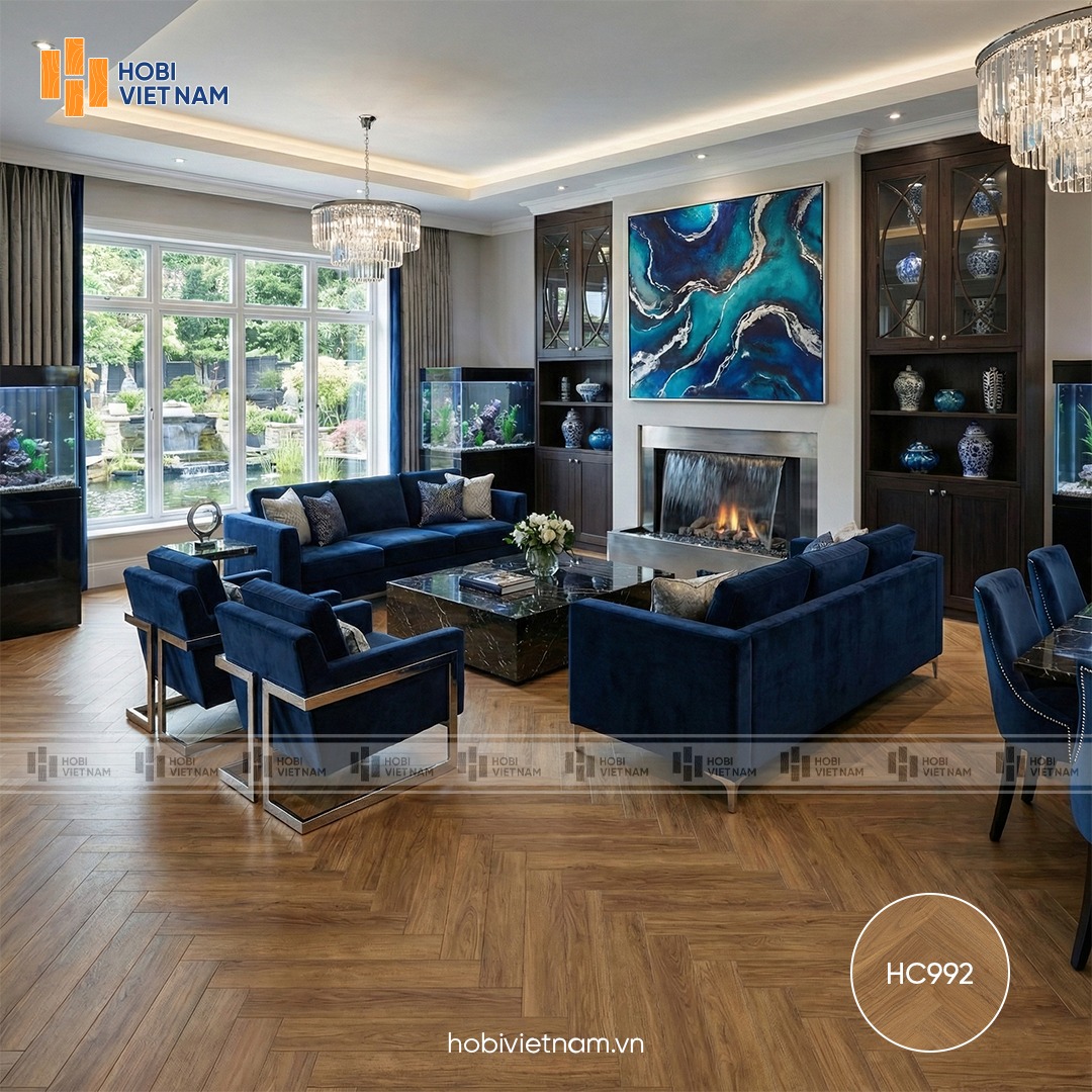 Sàn xương cá Hobi Carb HC992 màu trung tính cân bằng không gian hợp mệnh Thủy