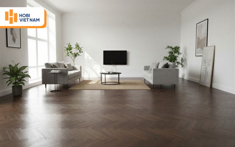 Sàn gỗ xương cá màu nâu đậm phòng khách