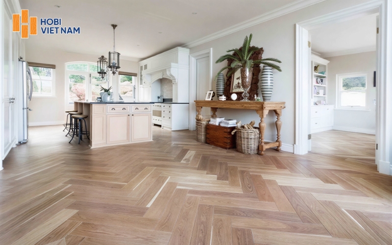 Kiểu lát sàn gỗ xương cá sang trọng cho phòng khách thượng lưu