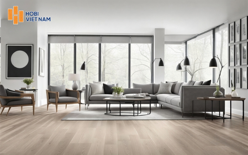 Sàn gỗ tông màu sáng giúp mở rộng diện tích phòng khách nhỏ