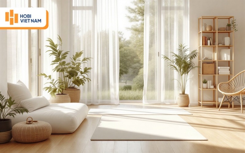 Background sàn gỗ phù hợp tạo sự cân bằng về màu sắc và ánh sáng trong căn nhà