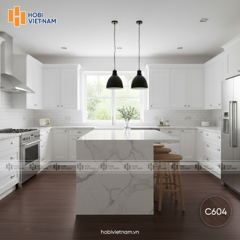 Sàn nhựa giả gỗ Glotex mã C604 lắp đặt không gian phòng bếp tone trắng hiện đại