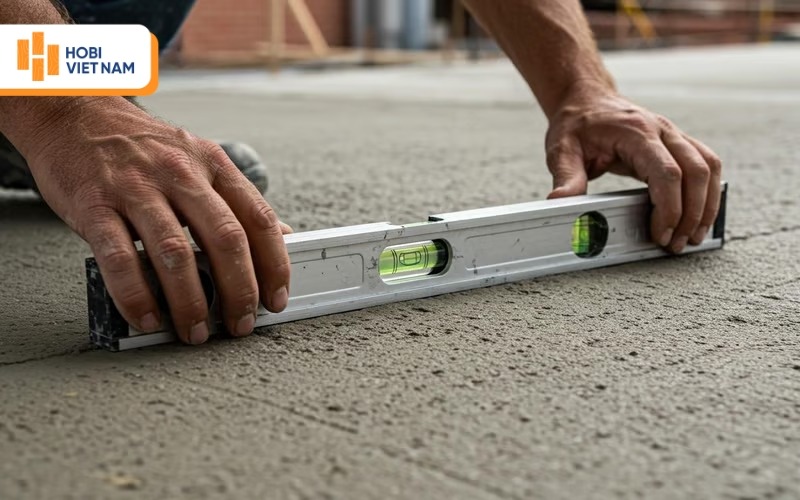 Kiểm tra độ phẳng của nền bằng thước thuỷ hoặc mẫu gỗ dài