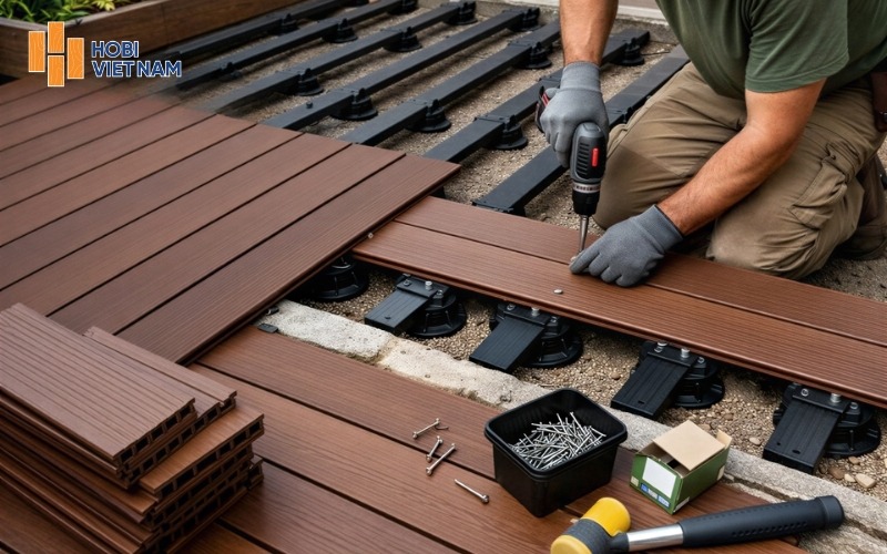 Sử dụng chốt nhựa liên kết các thanh sàn gỗ nhựa trên khung đà