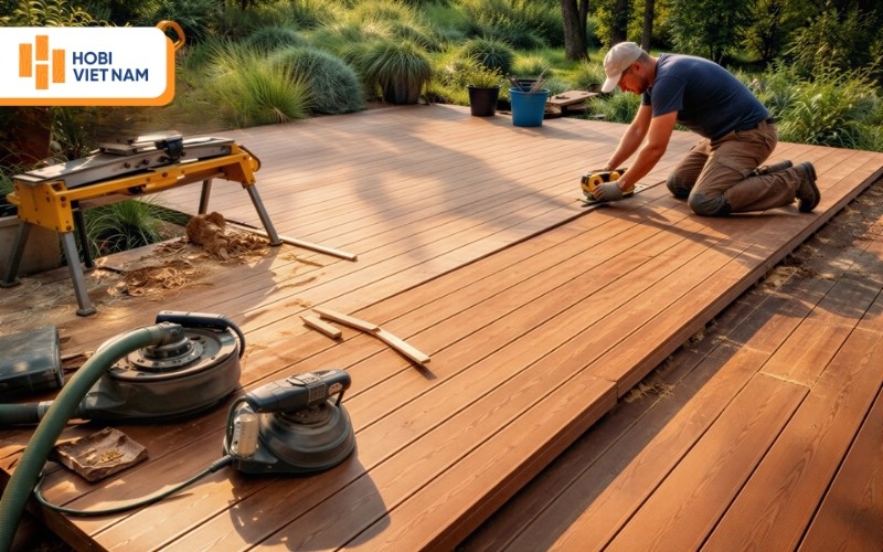 Sử dụng máy cắt chuyên dụng để xử lý góc cạnh sàn gỗ nhựa