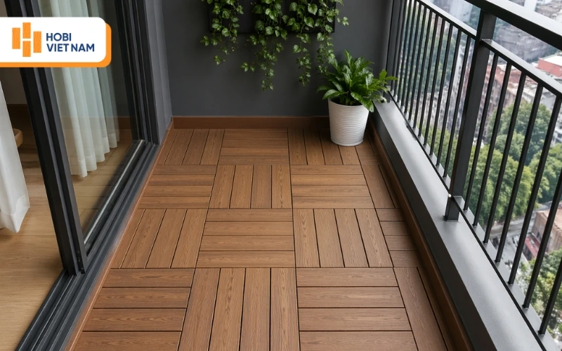 Sàn nhựa ban công vân gỗ nâu, phù hợp ban công phong cách Tropical