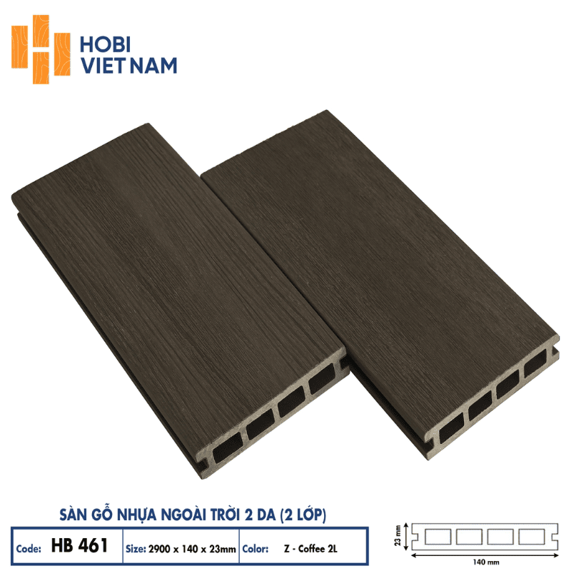 Sàn gỗ nhựa ngoài trời 2 da (2 lớp) Hobi Vietnam mã HB 461 màu nâu cà phê