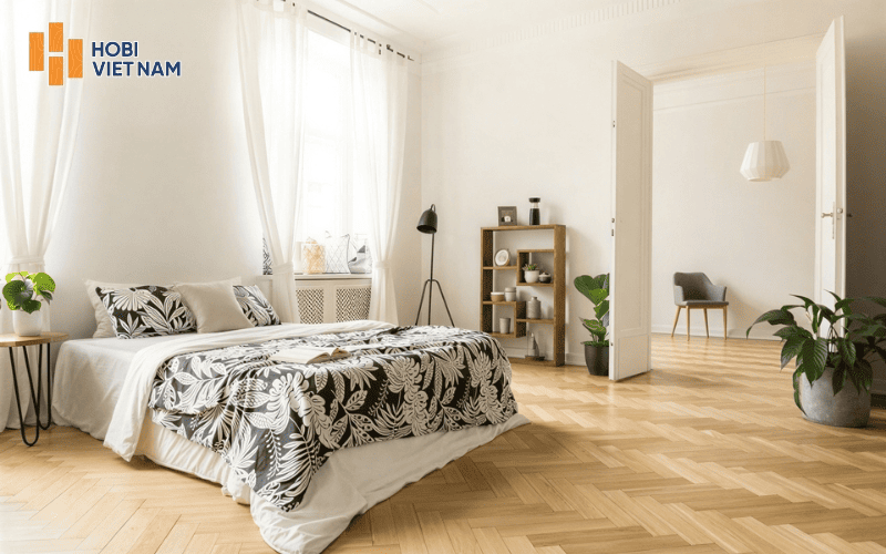 Sàn gỗ công nghiệp xương cá tông vàng ấm, tạo không gian sáng và thoáng đãng
