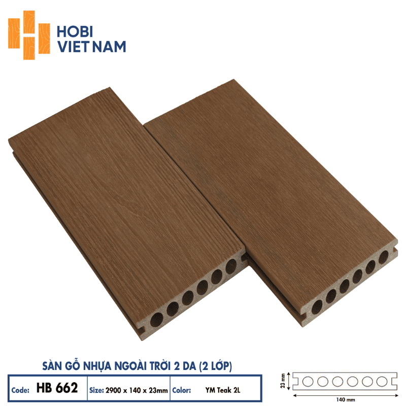 Sàn gỗ nhựa ngoài trời 2 da màu nâu gỗ teak
