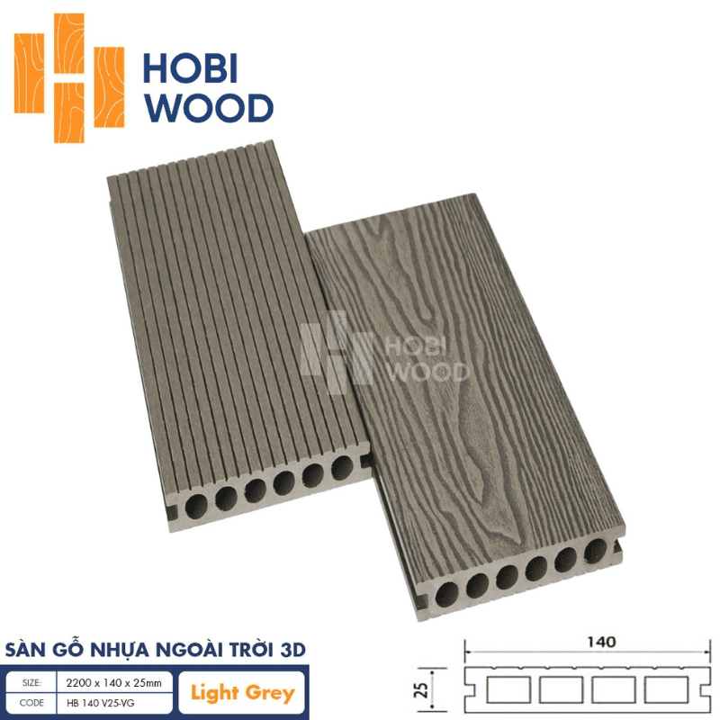 Sàn gỗ nhựa ngoài trời 3D Hobi Wood mã HB màu Light Grey
