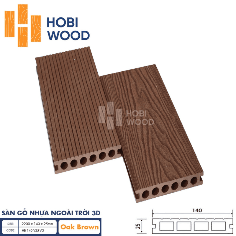 Sàn gỗ nhựa ngoài trời 3D màu nâu sồi