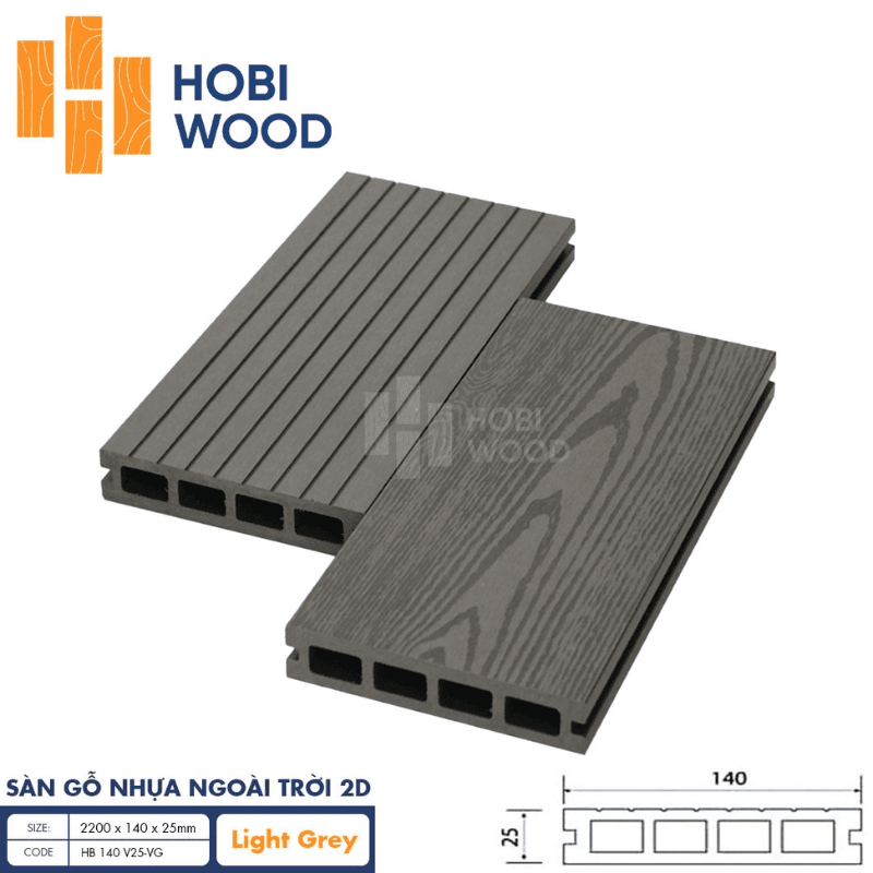 Sàn gỗ nhựa ngoài trời 2D Hobi Wood màu Light Grey