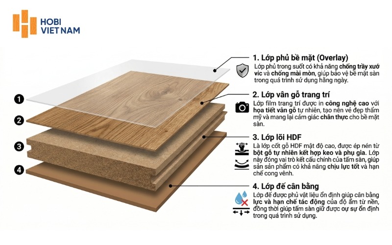 Cấu tạo của sàn gỗ từ Việt Nam gồm 4 lớp cơ bản