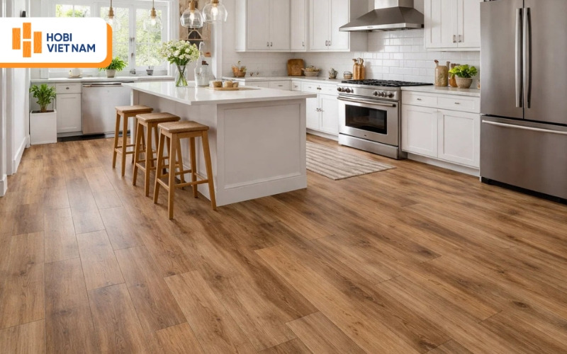 Sàn nhựa vân gỗ chống nước phù hợp khu vực bếp gia đình