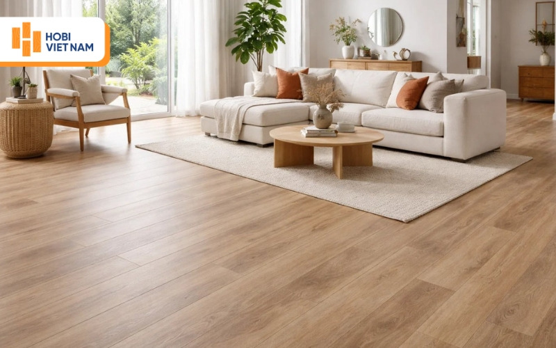 Sàn nâu nhạt giúp cân bằng ánh sáng và tạo chiều sâu