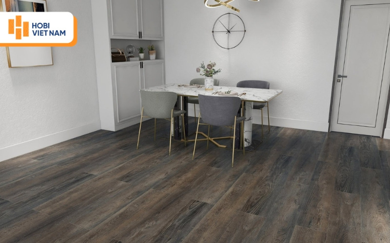 Sàn SPC flooring màu ghi đậm phù hợp không gian cao cấp