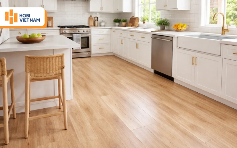 Sàn nhựa màu vân gỗ sáng giúp không gian sạch và dễ vệ sinh
