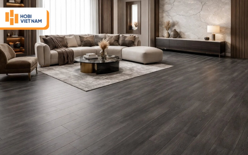 Sàn vân gỗ tối giúp tăng sự sang trọng cho căn phòng