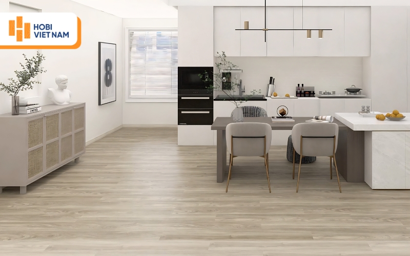 Sàn nhựa vân gỗ vinyl kết hợp nội thất tone be trắng