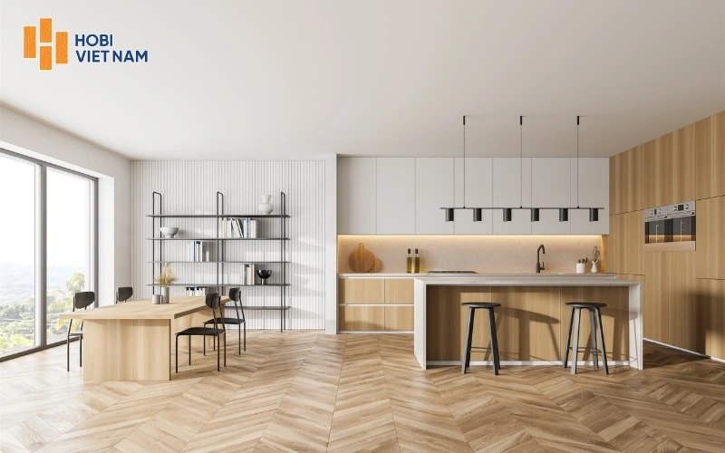 Sàn xương cá lắp đặt khu vực bếp